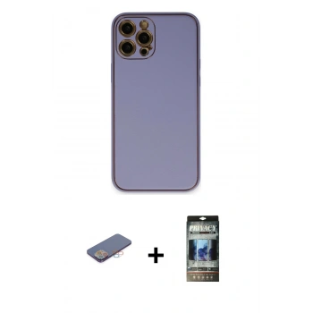 MARSİLYAN™- iPhone 12 Pro Kılıf Yadigar Klasik - Siyah 34D Hayalet Izgaralı Cam + Renkli Kamera Lens Koruma Cam - PE