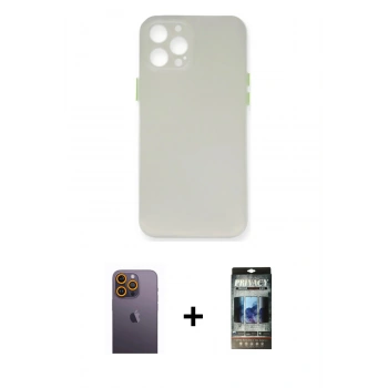 MARSİLYAN™- iPhone 12 Pro Kılıf Yadigar Yansıma Serisi - Siyah 34D Hayalet Izgaralı Cam + Neon Fosforlu Kamera Lens - SI