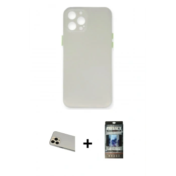 MARSİLYAN™- iPhone 12 Pro Kılıf Yadigar Yansıma Serisi - Siyah 34D Hayalet Izgaralı Cam + Rainbow Kamera Lens Koruma Cam - GD