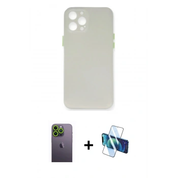 MARSİLYAN™- iPhone 12 Pro Kılıf Yadigar Yansıma Serisi - Siyah 3D Antistatik Cam Ekran Koruyucu + Neon Fosforlu Kamera Lens - YL