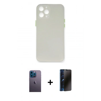 MARSİLYAN™- iPhone 12 Pro Kılıf Yadigar Yansıma Serisi - Siyah 3D Antistatik Hayalet Cam Ekran Koruyucu + Neon Fosforlu Kamera Lens - MI