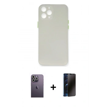 MARSİLYAN™- iPhone 12 Pro Kılıf Yadigar Yansıma Serisi - Siyah 3D Antistatik Hayalet Cam Ekran Koruyucu + Neon Fosforlu Kamera Lens - BZ