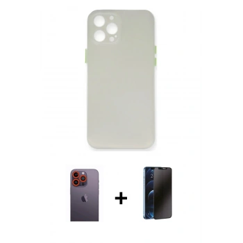 MARSİLYAN™- iPhone 12 Pro Kılıf Yadigar Yansıma Serisi - Siyah 3D Antistatik Hayalet Cam Ekran Koruyucu + Neon Fosforlu Kamera Lens - TU