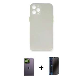 MARSİLYAN™- iPhone 12 Pro Kılıf Yadigar Yansıma Serisi - Siyah 3D Antistatik Hayalet Cam Ekran Koruyucu + Neon Fosforlu Kamera Lens - YL