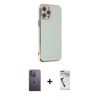 MARSİLYAN™- iPhone 12 Pro Kılıf Yankı Serisi - Şeffaf Uv Polymer Nano Ekran Koruyucu + Neon Fosforlu Kamera Lens - BZ