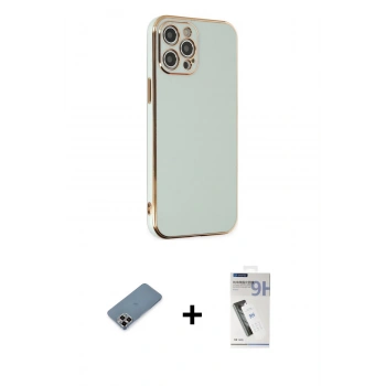MARSİLYAN™- iPhone 12 Pro Kılıf Yankı Serisi - Şeffaf Uv Polymer Nano Ekran Koruyucu + Metal Kamera Lens Koruma Cam - MR