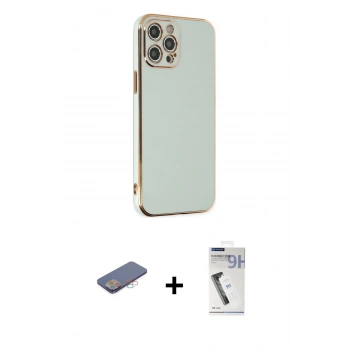 MARSİLYAN™- iPhone 12 Pro Kılıf Yankı Serisi - Şeffaf Uv Polymer Nano Ekran Koruyucu + Renkli Kamera Lens Koruma Cam - PE
