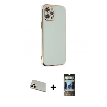 MARSİLYAN™- iPhone 12 Pro Kılıf Yankı Serisi - Siyah 34D Hayalet Izgaralı Cam + Rainbow Kamera Lens Koruma Cam - GD