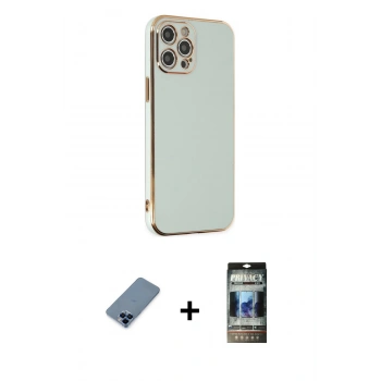 MARSİLYAN™- iPhone 12 Pro Kılıf Yankı Serisi - Siyah 34D Hayalet Izgaralı Cam + Metal Kamera Lens Koruma Cam - MI