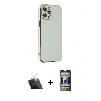 MARSİLYAN™- iPhone 12 Pro Kılıf Yankı Serisi - Siyah 34D Hayalet Izgaralı Cam + Kamera Lens Koruma Cam - SF