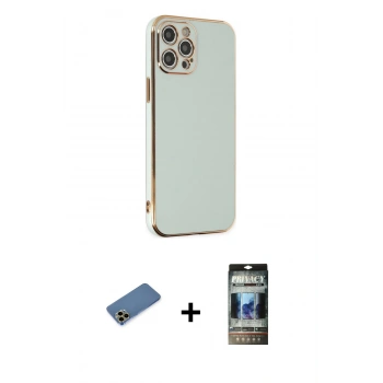 MARSİLYAN™- iPhone 12 Pro Kılıf Yankı Serisi - Siyah 34D Hayalet Izgaralı Cam + Shine Kamera Lens Koruma Cam - GD