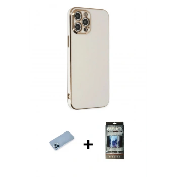 MARSİLYAN™- iPhone 12 Pro Kılıf Yankı Serisi - Siyah 34D Hayalet Izgaralı Cam + Shine Kamera Lens Koruma Cam - MI
