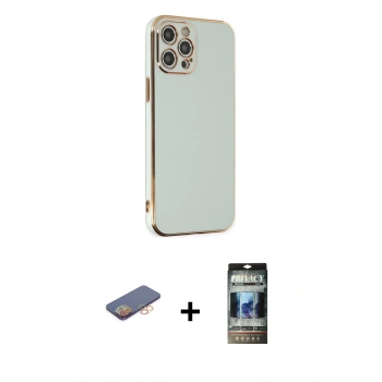 MARSİLYAN™- iPhone 12 Pro Kılıf Yankı Serisi - Siyah 34D Hayalet Izgaralı Cam + Renkli Kamera Lens Koruma Cam - TU
