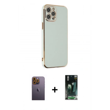 MARSİLYAN™- iPhone 12 Pro Kılıf Yankı Serisi - Siyah 360 Mat Full Body Arka Koruyucu + Neon Fosforlu Kamera Lens - SI