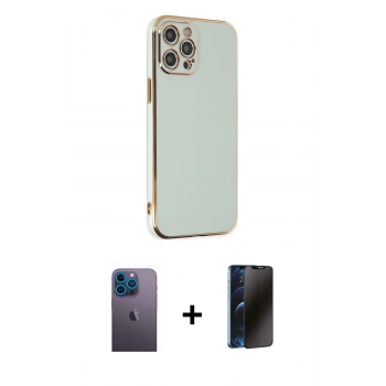 MARSİLYAN™- iPhone 12 Pro Kılıf Yankı Serisi - Siyah 3D Antistatik Hayalet Cam Ekran Koruyucu + Neon Fosforlu Kamera Lens - MI