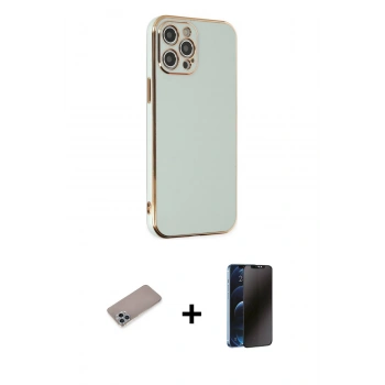 MARSİLYAN™- iPhone 12 Pro Kılıf Yankı Serisi - Siyah 3D Antistatik Hayalet Cam Ekran Koruyucu + Shine Kamera Lens Koruma Cam - SABE