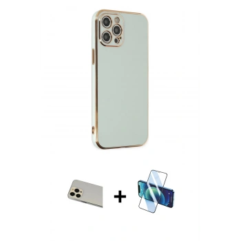 MARSİLYAN™- iPhone 12 Pro Kılıf Yankı Serisi - Siyah 3D Antistatik Seramik Nano Ekran Koruyucu + Rainbow Kamera Lens Koruma Cam - GD