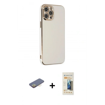 MARSİLYAN™- iPhone 12 Pro Kılıf Yankı Serisi - Siyah 6D Mat Seramik Hayalet Nano Ekran Koruyucu + Renkli Kamera Lens Koruma Cam - SI