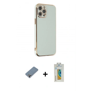 MARSİLYAN™- iPhone 12 Pro Kılıf Yankı Serisi - Siyah Polymer Nano Ekran Koruyucu + Metal Kamera Lens Koruma Cam - GS