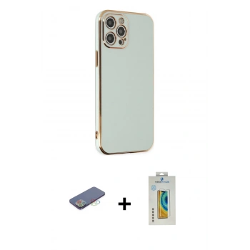 MARSİLYAN™- iPhone 12 Pro Kılıf Yankı Serisi - Siyah Polymer Nano Ekran Koruyucu + Renkli Kamera Lens Koruma Cam - MI