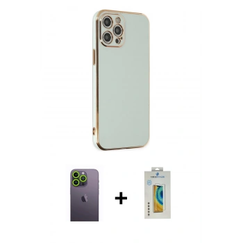 MARSİLYAN™- iPhone 12 Pro Kılıf Yankı Serisi - Siyah Polymer Nano Ekran Koruyucu + Neon Fosforlu Kamera Lens - YL