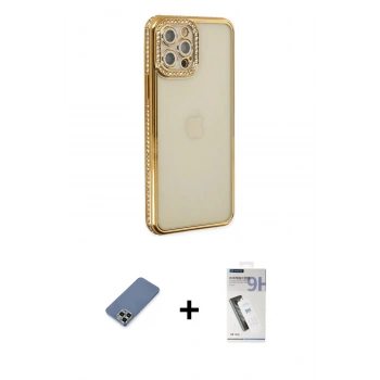 MARSİLYAN™- iPhone 12 Pro Kılıf Yörünge Koleksiyonu - Şeffaf Uv Polymer Nano Ekran Koruyucu + Metal Kamera Lens Koruma Cam - AKYL