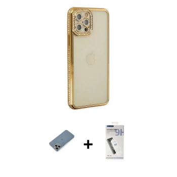 MARSİLYAN™- iPhone 12 Pro Kılıf Yörünge Koleksiyonu - Şeffaf Uv Polymer Nano Ekran Koruyucu + Metal Kamera Lens Koruma Cam - MR