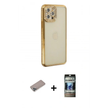 MARSİLYAN™- iPhone 12 Pro Kılıf Yörünge Koleksiyonu - Siyah 34D Hayalet Izgaralı Cam + Shine Kamera Lens Koruma Cam - SABE
