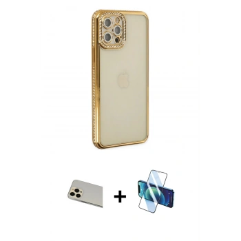 MARSİLYAN™- iPhone 12 Pro Kılıf Yörünge Koleksiyonu - Siyah 3D Antistatik Cam Ekran Koruyucu + Rainbow Kamera Lens Koruma Cam - GD