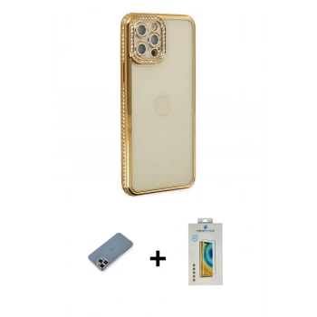 MARSİLYAN™- iPhone 12 Pro Kılıf Yörünge Koleksiyonu - Siyah Polymer Nano Ekran Koruyucu + Metal Kamera Lens Koruma Cam - MR