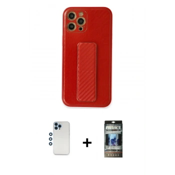 MARSİLYAN™- iPhone 12 Pro Kılıf Yörünge Yansıma - Siyah 34D Hayalet Izgaralı Cam + Shine Kamera Lens - MI