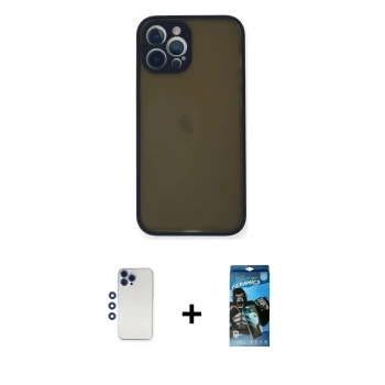 MARSİLYAN™- iPhone 12 Pro Max Kılıf Ahenk Çizgi Serisi - Siyah 34D Izgaralı Cam + Shine Kamera Lens - LT