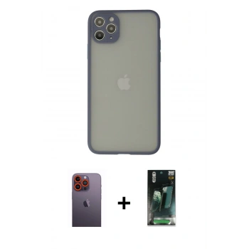 MARSİLYAN™- iPhone 12 Pro Max Kılıf Ahenk Çizgi Serisi - Siyah 360 Mat Full Body Arka Koruyucu + Neon Fosforlu Kamera Lens - TU