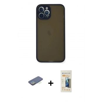 MARSİLYAN™- iPhone 12 Pro Max Kılıf Ahenk Çizgi Serisi - Siyah 6D Mat Seramik Hayalet Nano Ekran Koruyucu + Renkli Kamera Lens Koruma Cam - YL