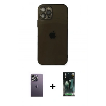 MARSİLYAN™- iPhone 12 Pro Max Kılıf Ahenk Doku - Şeffaf 360 Full Body Arka Koruyucu + Neon Fosforlu Kamera Lens - BZ