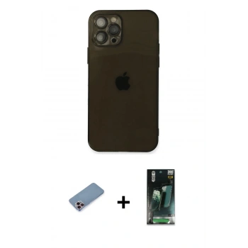 MARSİLYAN™- iPhone 12 Pro Max Kılıf Ahenk Doku - Şeffaf 360 Full Body Arka Koruyucu + Shine Kamera Lens Koruma Cam - PE