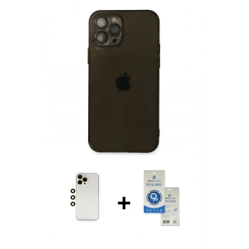 MARSİLYAN™- iPhone 12 Pro Max Kılıf Ahenk Doku - Şeffaf Royal Nano Ekran Koruyucu + Shine Kamera Lens - GD