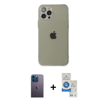 MARSİLYAN™- iPhone 12 Pro Max Kılıf Ahenk Doku - Şeffaf Royal Nano Ekran Koruyucu + Neon Fosforlu Kamera Lens - MI
