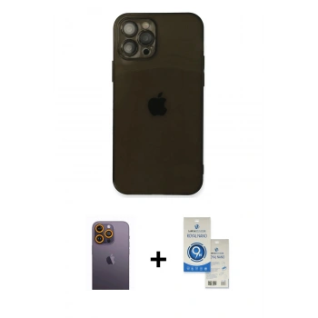 MARSİLYAN™- iPhone 12 Pro Max Kılıf Ahenk Doku - Şeffaf Royal Nano Ekran Koruyucu + Neon Fosforlu Kamera Lens - SI