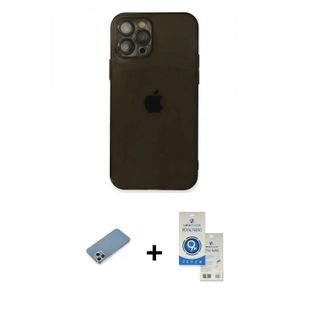 MARSİLYAN™- iPhone 12 Pro Max Kılıf Ahenk Doku - Şeffaf Royal Nano Ekran Koruyucu + Shine Kamera Lens Koruma Cam - GS