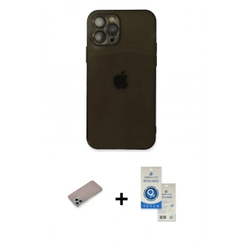 MARSİLYAN™- iPhone 12 Pro Max Kılıf Ahenk Doku - Şeffaf Royal Nano Ekran Koruyucu + Shine Kamera Lens Koruma Cam - SABE