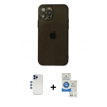 MARSİLYAN™- iPhone 12 Pro Max Kılıf Ahenk Doku - Şeffaf Royal Nano Ekran Koruyucu + Shine Kamera Lens - LT