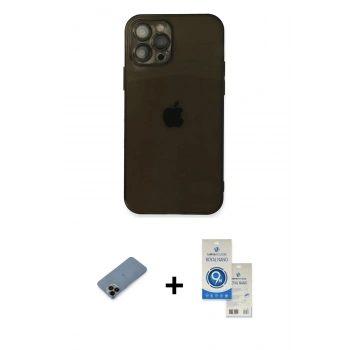 MARSİLYAN™- iPhone 12 Pro Max Kılıf Ahenk Doku - Şeffaf Royal Nano Ekran Koruyucu + Shine Kamera Lens Koruma Cam - SH