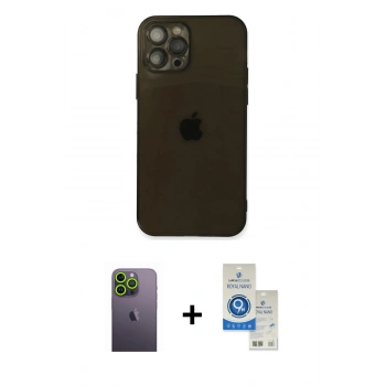MARSİLYAN™- iPhone 12 Pro Max Kılıf Ahenk Doku - Şeffaf Royal Nano Ekran Koruyucu + Neon Fosforlu Kamera Lens - YL