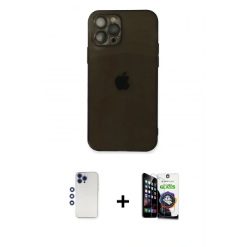 MARSİLYAN™- iPhone 12 Pro Max Kılıf Ahenk Doku - Şeffaf Temperli Cam Ekran Koruyucu + Shine Kamera Lens - LT