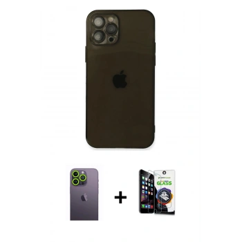 MARSİLYAN™- iPhone 12 Pro Max Kılıf Ahenk Doku - Şeffaf Temperli Cam Ekran Koruyucu + Neon Fosforlu Kamera Lens - YL