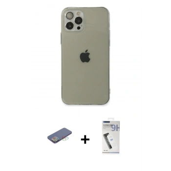 MARSİLYAN™- iPhone 12 Pro Max Kılıf Ahenk Doku - Şeffaf Uv Polymer Nano Ekran Koruyucu + Renkli Kamera Lens Koruma Cam - MI