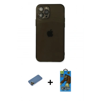 MARSİLYAN™- iPhone 12 Pro Max Kılıf Ahenk Doku - Siyah 18D Cam Ekran Koruyucu + Shine Kamera Lens Koruma Cam - GD
