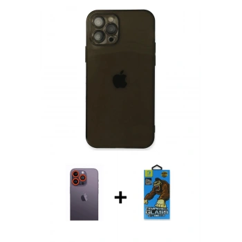 MARSİLYAN™- iPhone 12 Pro Max Kılıf Ahenk Doku - Siyah 18D Cam Ekran Koruyucu + Neon Fosforlu Kamera Lens - TU