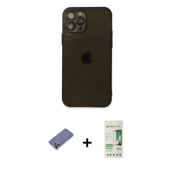 MARSİLYAN™- iPhone 12 Pro Max Kılıf Ahenk Doku - Siyah 20D Premium Cam Ekran Koruyucu + Metal Kamera Lens Koruma Cam - GD